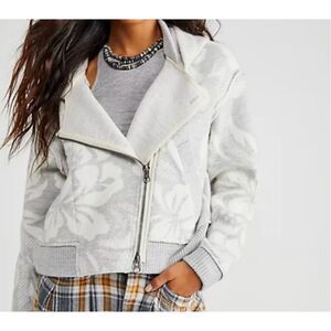 People Georgia Sweater Jacket Wool Cropped Gray Floral Print